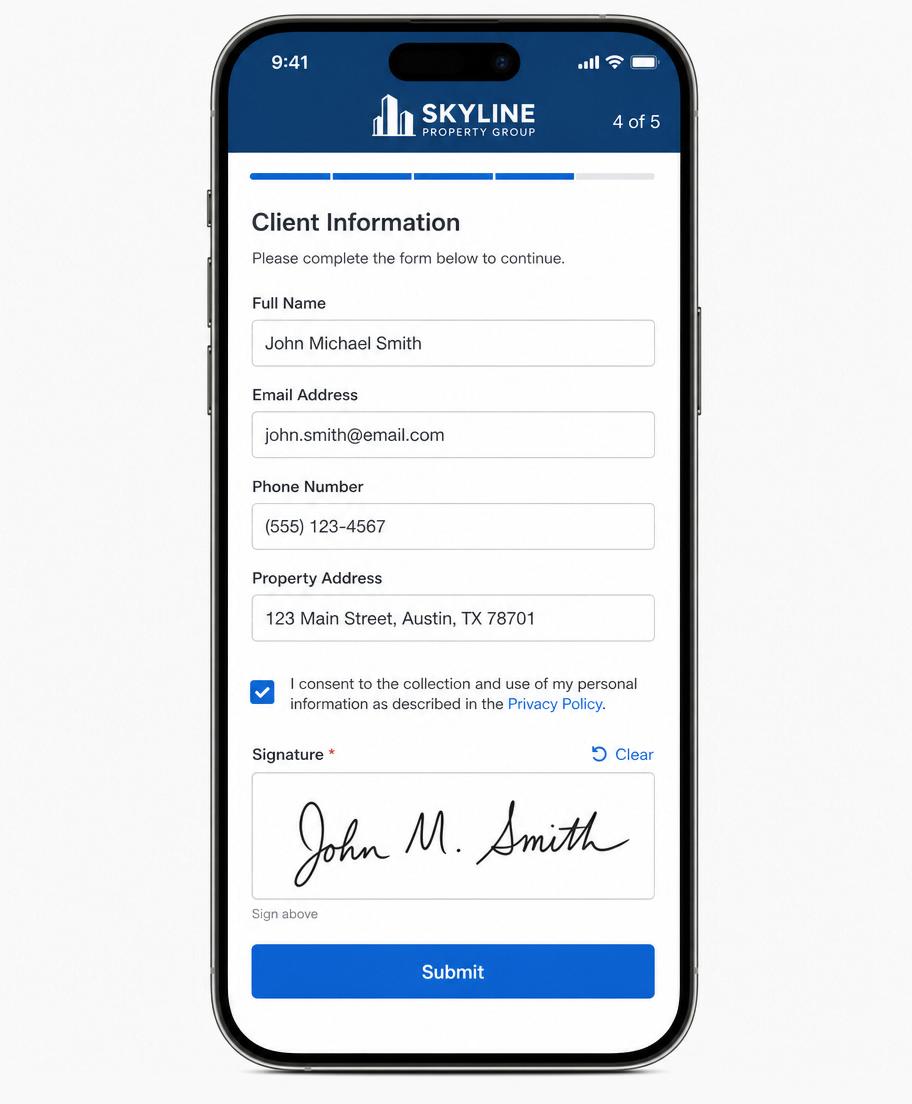 Branded StellorApp digital form on a smartphone with signature pad